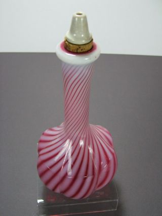 Fenton Cranberry Opalescent Swirl Rib Optic Barber Bottle With Pottery Stopper