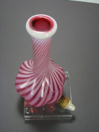 Fenton Cranberry Opalescent Swirl Rib Optic Barber Bottle With Pottery Stopper 2
