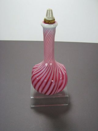 Fenton Cranberry Opalescent Swirl Rib Optic Barber Bottle With Pottery Stopper 4