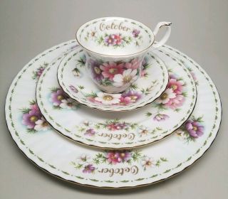 Royal Albert Flower Of The Month Series October Tea Cup Plate 4 Pc Set Cosmos