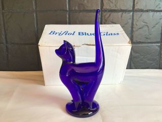 Quality Bristol Blue Glass Cat In Its Presentation Storage Box - Signed