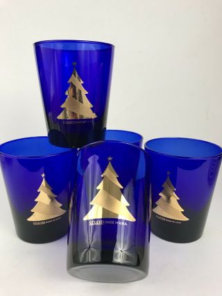 5 Vintage Culver Cobalt & Gold Christmas Tree Rocks Drinking Glasses