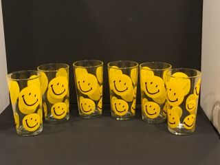 6 Vintage Smiley Face Tumblers Drinking Glasses Yellow Black 5” Tall