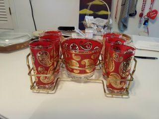 Mid Century Mod Culver Red Gold Paisley Footed Glasses Ice Bucket Bowl Set Of 6
