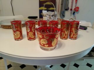 Mid Century Mod Culver Red Gold Paisley Footed Glasses Ice Bucket Bowl Set of 6 3