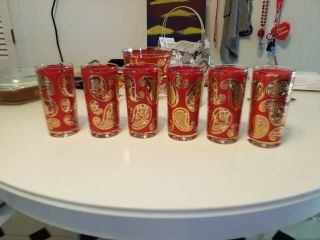 Mid Century Mod Culver Red Gold Paisley Footed Glasses Ice Bucket Bowl Set of 6 4