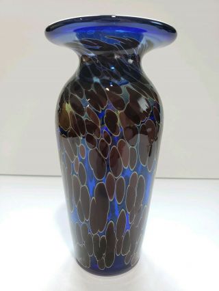 Hand Blown Blue With Maroon Dots Art Glass Vase By Elias Signed