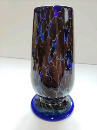 Hand blown blue with maroon dots art glass vase by Elias signed 3