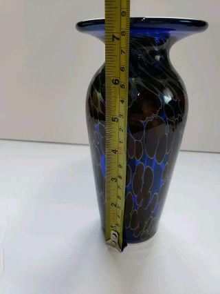 Hand blown blue with maroon dots art glass vase by Elias signed 7