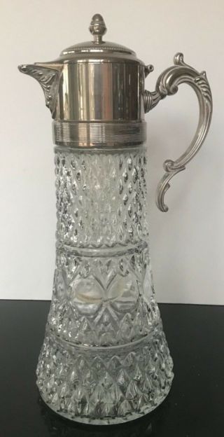 Vintage Diamond Glass Crystal Silver Plate Wine Sangria Pitcher Jug Water Carafe