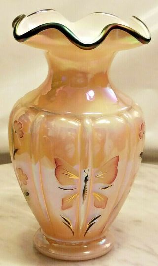 Vintage Fenton Glass Vase Dusty Rose Pink Floral Butterfly Handpainted Design