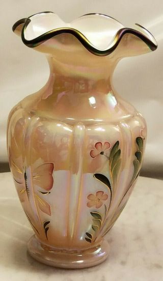 Vintage Fenton Glass Vase Dusty Rose Pink Floral Butterfly Handpainted Design 2