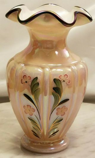 Vintage Fenton Glass Vase Dusty Rose Pink Floral Butterfly Handpainted Design 3