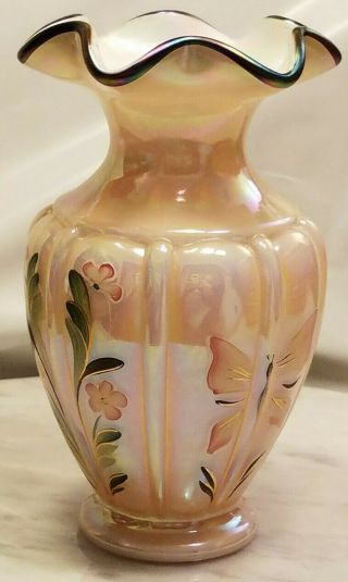 Vintage Fenton Glass Vase Dusty Rose Pink Floral Butterfly Handpainted Design 4