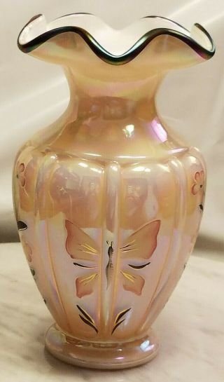 Vintage Fenton Glass Vase Dusty Rose Pink Floral Butterfly Handpainted Design 5