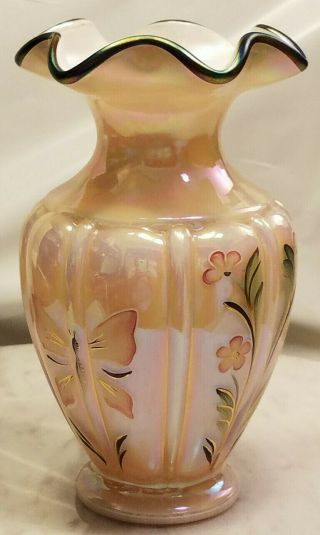 Vintage Fenton Glass Vase Dusty Rose Pink Floral Butterfly Handpainted Design 6