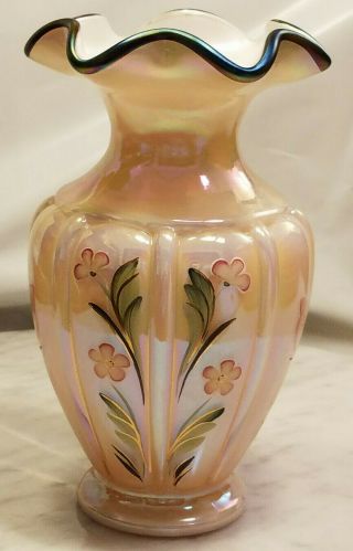 Vintage Fenton Glass Vase Dusty Rose Pink Floral Butterfly Handpainted Design 7