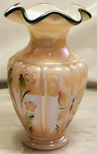 Vintage Fenton Glass Vase Dusty Rose Pink Floral Butterfly Handpainted Design 8