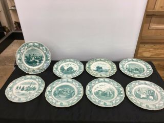 Vintage Crown Ducal Colonial Times First Thanksgiving Green Set Of 11 Plates
