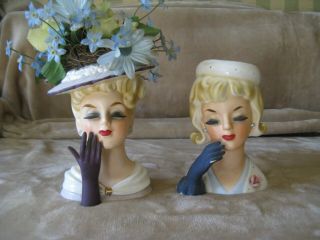 2 Vintage Ucagco Lady Head Vases Planters W/ Gloves & Earrings Purple & Blue