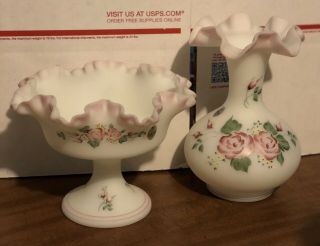 Fenton Satin Glass Pink Hand Painted Roses Pedestal Dish & Matching Vase