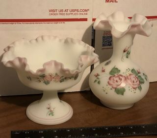 Fenton Satin Glass Pink Hand Painted Roses Pedestal Dish & Matching Vase 2