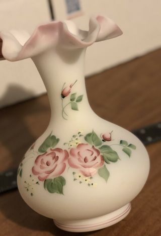 Fenton Satin Glass Pink Hand Painted Roses Pedestal Dish & Matching Vase 3