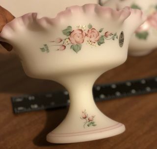 Fenton Satin Glass Pink Hand Painted Roses Pedestal Dish & Matching Vase 4