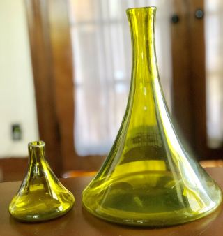 2 Vintage Beaker Shaped Yellow Hand Blown Art Glass Bud Vases