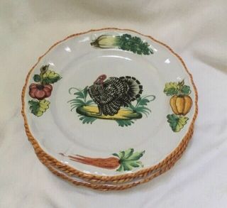 4 Thanksgiving Turkey Dinner Plates Italy Hand Painted Ceramic Set 10 3/8 " Rare