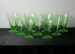 9 Vintage Twisted Optic Green Uranium Depression Glass Footed Tumblers 5 7/8 "