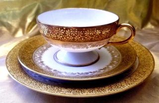 Antique Limoges Coronet Rare Trio Set Cup Saucer Dessert Plate Heavy Gold Gilt