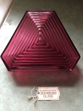 Vintage Pilgrim Art Glass Cranberry Art Deco Style Ribbed Triangular Vase 6”x9”