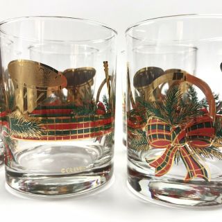Vtg Culver Yule Horn (6) Double Old Fashioned Glasses 14oz Christmas Gold Signed 6