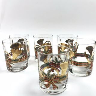 Vtg Culver Yule Horn (6) Double Old Fashioned Glasses 14oz Christmas Gold Signed 7