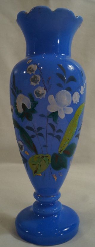 Victorian Bohemian Blue Hand Enameled White Floral 9 1/2 Inch Glass Vase