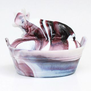 Vintage White & Purple Swirl Slag Glass Covered Cow Dish / Bowl