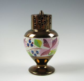 Antique Copper And Pink Luster Staffordshire Pepper Pot Enamel Decorated 19th C.