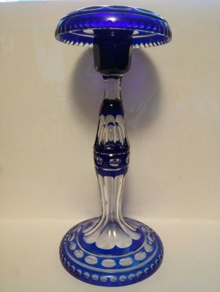 Bohemian Cobalt Blue Cut To Clear Glass Crystal Candlestick Holder 10 1/2 " Tall