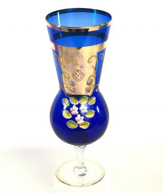 Vintage 10 " Bohemian Cobalt Blue Gold Gilt Art Glass Czech Vase Painted Flowers