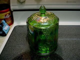 Vintage Medium Size Indiana Grape 8 1/2 " Green Carnival Glass Canister
