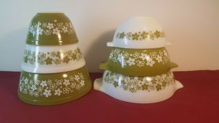Set 6 Vintage Pyrex Spring Blossom Crazy Daisy Mixing Bowls Green White Flowers