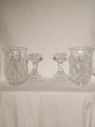 4 Pc Lead Crystal Hurricane Lamp Shade/candle Stick Holder With Chimney Set Of 2