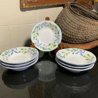 7 Herend Village Pottery Blue Bow 6 1/2 " Cereal Bowls Made In Hungary