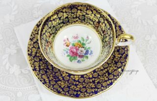 Aynsley Cobalt Blue Gold Chintz Floral Bouquet Bone China Teacup And Saucer