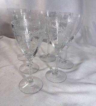 6 Water Goblets June Fostoria Elegant Depression Glass Clear 8 1/4” Ribbon 5098