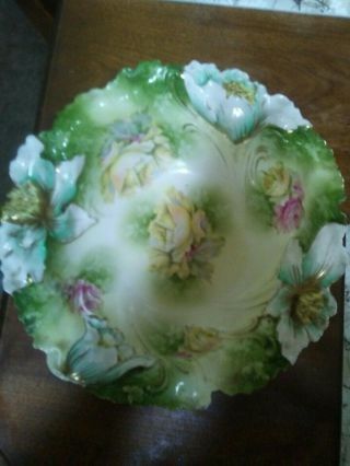 S&t/rs Germany Large Scalloped And Fluted Bowl,  Green,  Yellow & Pink Flowers.  Wow