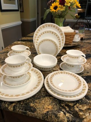 Corelle Butterfly Gold Set 6 Cups/saucers,  6 Salad,  5 Lunch,  6 Dinner,  3 Bowls