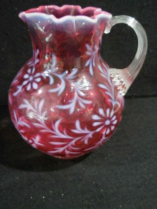 Vintage Fenton Glass Cranberry Opalescent Daisy & Fern Pitcher / Jug 6 1/2 "
