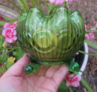 Northwood Beaded Cable Antique Carnival Art Glass Green Rose Bowl Iridescent
